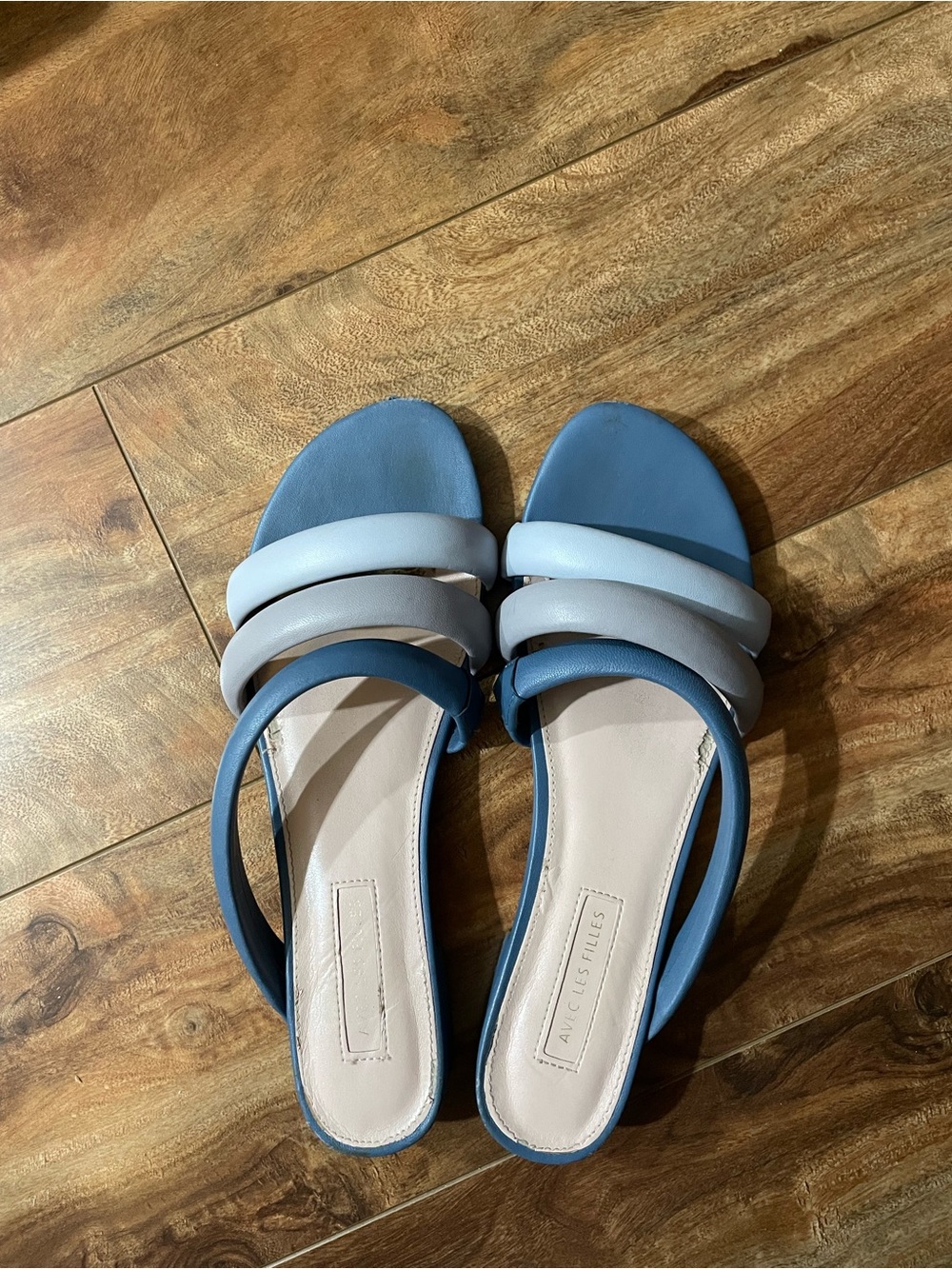 Avec Les Filles Blue and Light Gray Padded Strap Slide Sandals